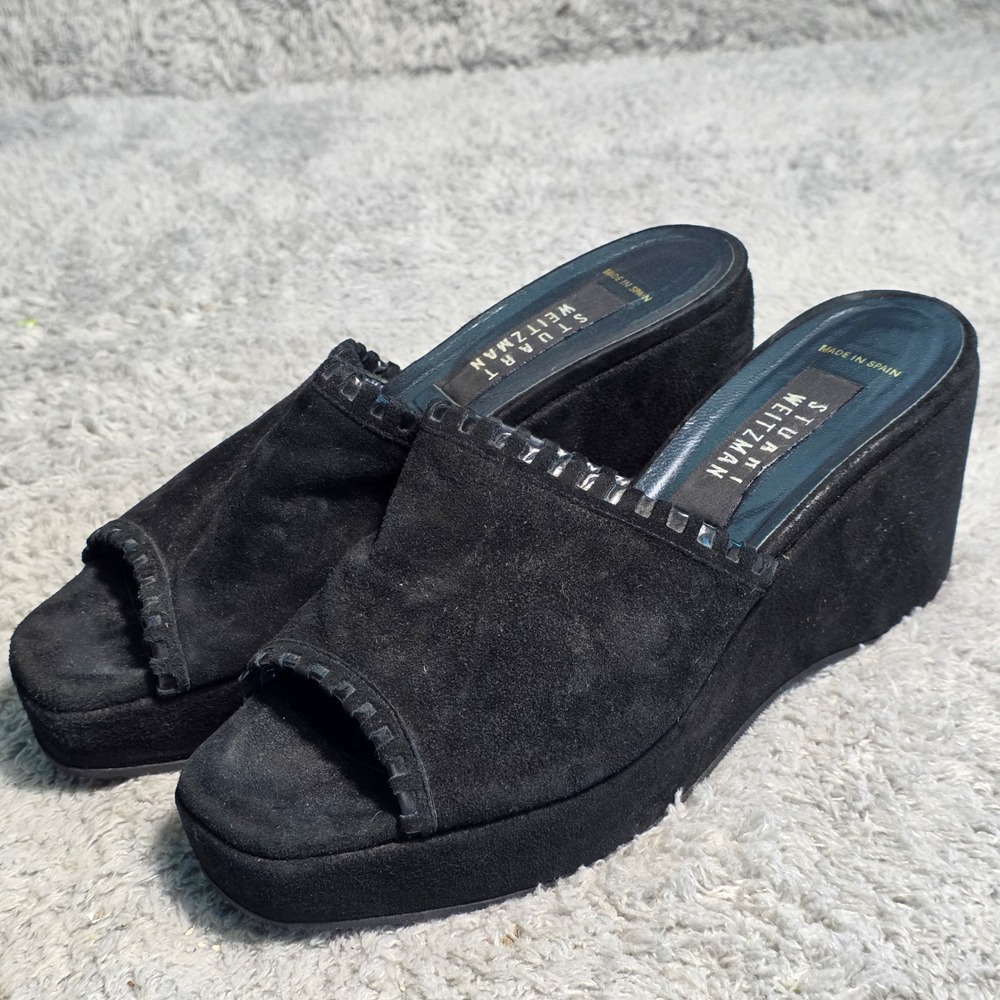 VTG Stuart Weitzman Wedge Sandals Black Suede Whipstitch Platform Women 7 M - Picture 1 of 6